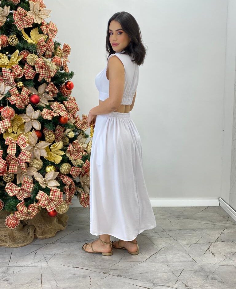 Vestido Midi Branco Ayla sem Bojo Gola Alta com Abertura - Fernanda Ramos Store
