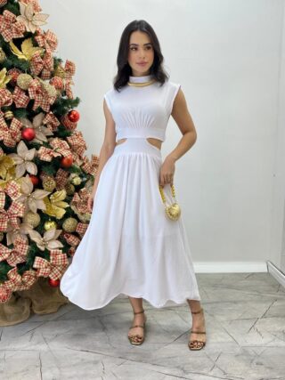 Vestido Midi Branco Ayla sem Bojo Gola Alta com Abertura - Fernanda Ramos Store