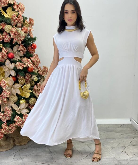 Vestido Midi Branco Ayla sem Bojo Gola Alta com Abertura - Fernanda Ramos Store