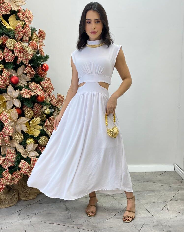 Vestido Midi Branco Ayla sem Bojo Gola Alta com Abertura - Fernanda Ramos Store