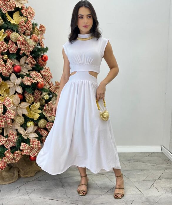 Vestido Midi Branco Ayla sem Bojo Gola Alta com Abertura - Fernanda Ramos Store