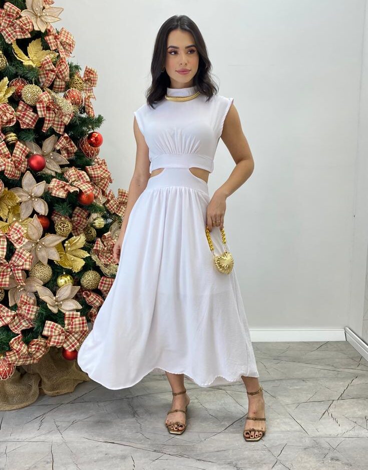 Vestido Midi Branco Ayla sem Bojo Gola Alta com Abertura - Fernanda Ramos Store
