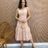 Vestido Midi com Bojo e Abertura Bege Bordado Pink Flour - Fernanda Ramos Store