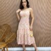 Vestido Midi com Bojo e Abertura Bege Bordado Pink Flour - Fernanda Ramos Store