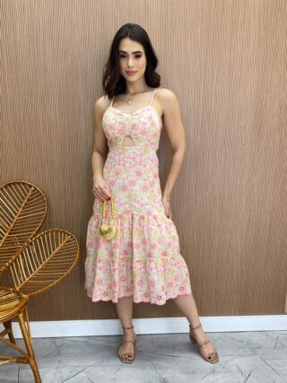 Vestido Midi com Bojo e Abertura Bege Bordado Pink Flour - Fernanda Ramos Store