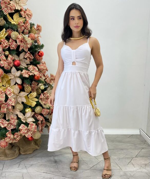 Vestido Midi com Bojo e Abertura Liz Branco - Fernanda Ramos Store