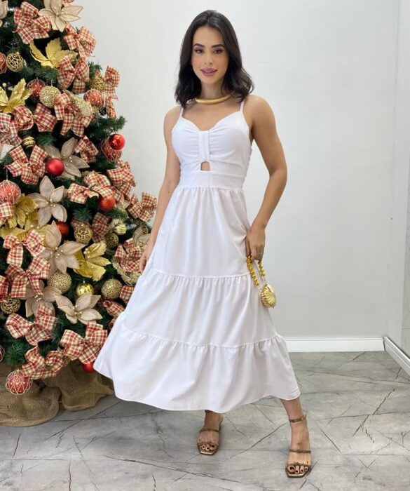 Vestido Midi com Bojo e Abertura Liz Branco - Fernanda Ramos Store