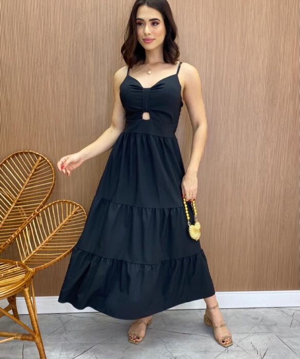 Vestido Midi com Bojo e Abertura Liz Preto - Fernanda Ramos Store