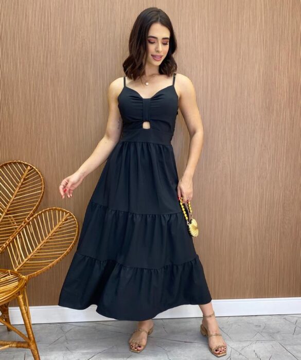 Vestido Midi com Bojo e Abertura Liz Preto - Fernanda Ramos Store