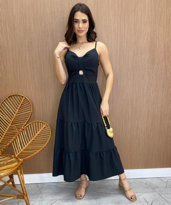 Vestido Midi com Bojo e Abertura Liz Preto - Fernanda Ramos Store