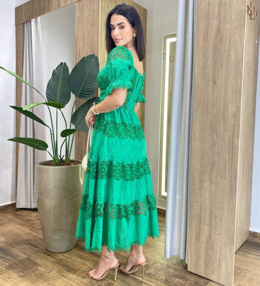 Vestido Midi Fernanda sem Bojo Manga Princesa Bordado Verde - Fernanda Ramos Store