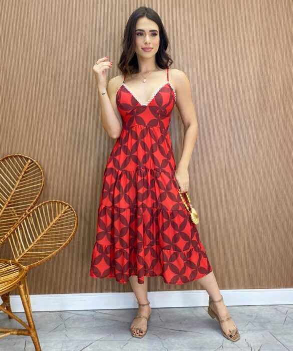 Vestido Midi Laura com Bojo Vermelho Estampado - Fernanda Ramos Store