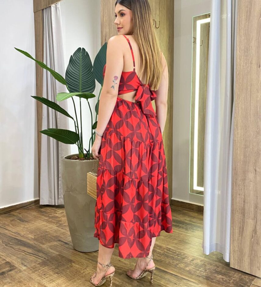 Vestido Midi Laura com Bojo Vermelho Estampado - Fernanda Ramos Store