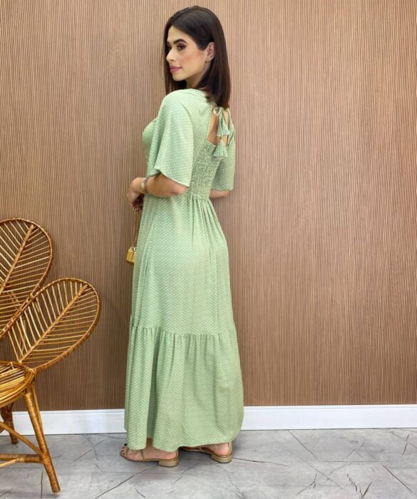 Vestido Midi Manga Curta sem Bojo Raquel Estampado Verde Oliva - Fernanda Ramos Store