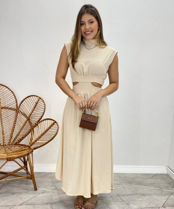 Vestido Midi Nude Ayla sem Bojo Gola Alta com Abertura - Fernanda Ramos Store