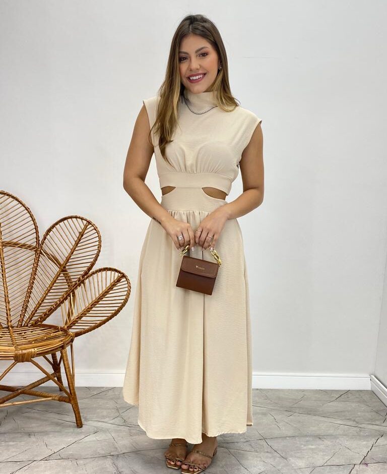 Vestido Midi Nude Ayla sem Bojo Gola Alta com Abertura - Fernanda Ramos Store