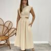 Vestido Midi Nude Ayla sem Bojo Gola Alta com Abertura - Fernanda Ramos Store