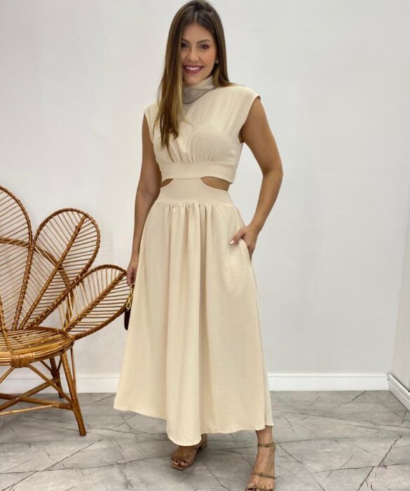 Vestido Midi Nude Ayla sem Bojo Gola Alta com Abertura - Fernanda Ramos Store