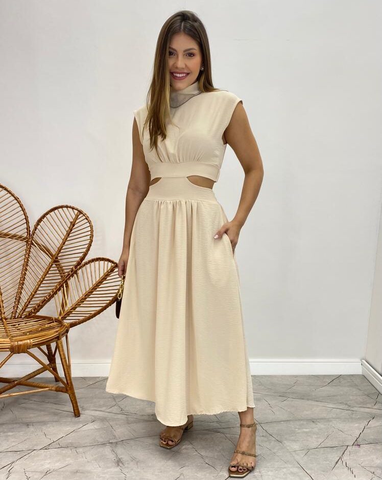Vestido Midi Nude Ayla sem Bojo Gola Alta com Abertura - Fernanda Ramos Store