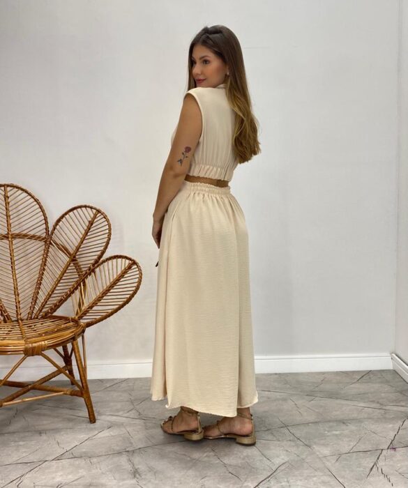 Vestido Midi Nude Ayla sem Bojo Gola Alta com Abertura - Fernanda Ramos Store