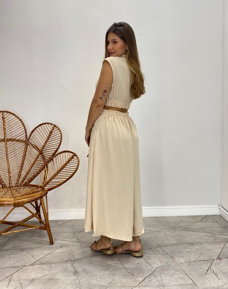Vestido Midi Nude Ayla sem Bojo Gola Alta com Abertura - Fernanda Ramos Store