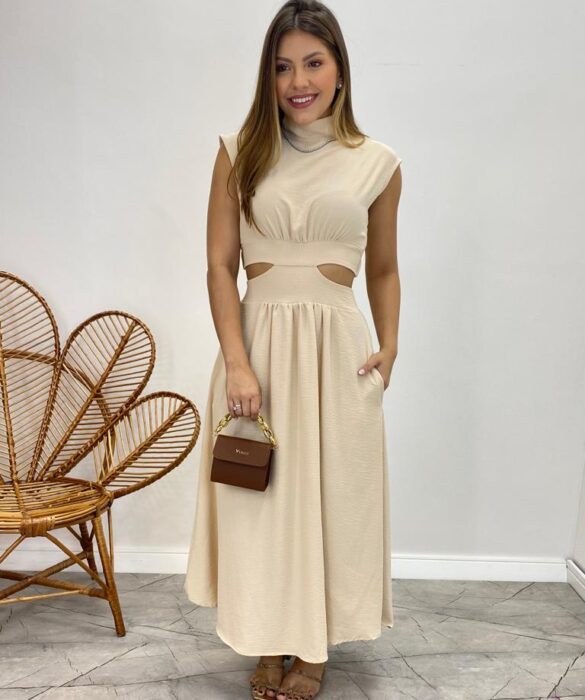 Vestido Midi Nude Ayla sem Bojo Gola Alta com Abertura - Fernanda Ramos Store