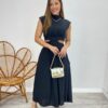 Vestido Midi Preto Ayla sem Bojo Gola Alta com Abertura - Fernanda Ramos Store