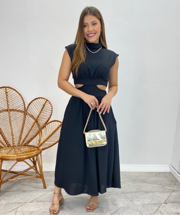 Vestido Midi Preto Ayla sem Bojo Gola Alta com Abertura - Fernanda Ramos Store