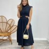 Vestido Midi Preto Ayla sem Bojo Gola Alta com Abertura - Fernanda Ramos Store