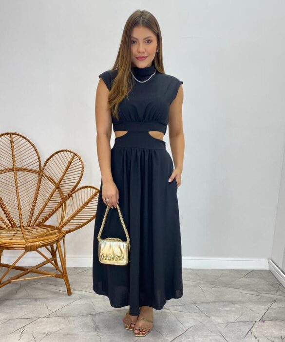 Vestido Midi Preto Ayla sem Bojo Gola Alta com Abertura - Fernanda Ramos Store