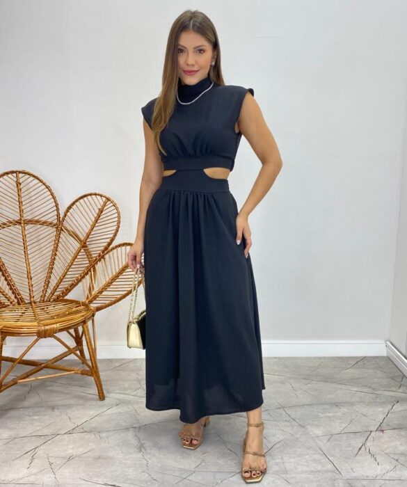 Vestido Midi Preto Ayla sem Bojo Gola Alta com Abertura - Fernanda Ramos Store