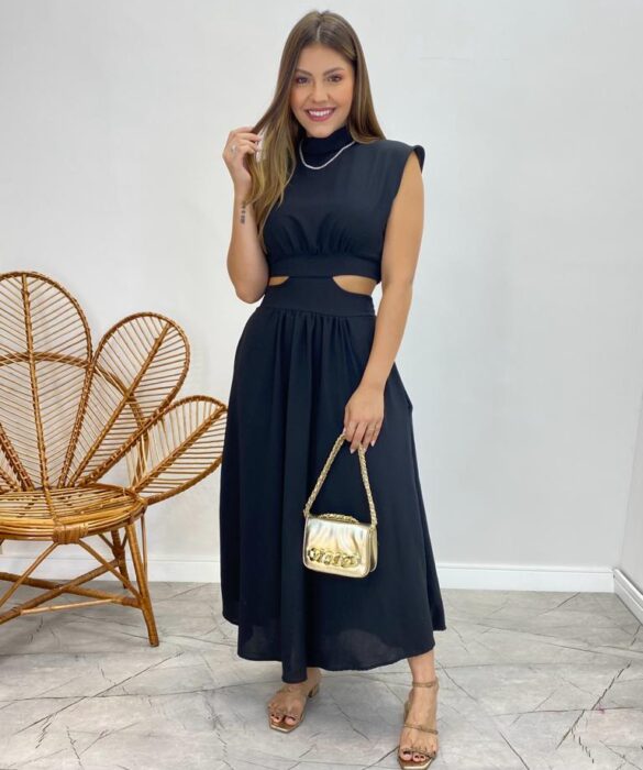 Vestido Midi Preto Ayla sem Bojo Gola Alta com Abertura - Fernanda Ramos Store