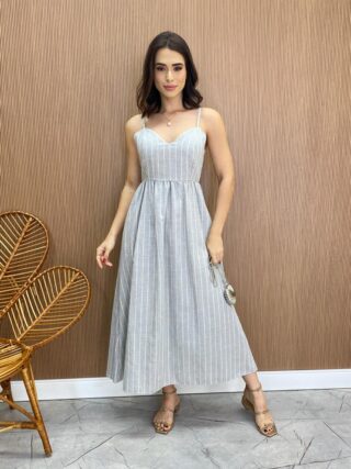 Vestido Midi sem Bojo com Amarração nas Costas Tricoline Cinza Listrado - Fernanda Ramos Store