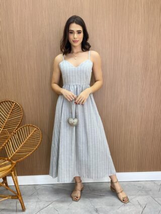 Vestido Midi sem Bojo com Amarração nas Costas Tricoline Cinza Listrado - Fernanda Ramos Store