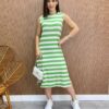 Vestido Midi sem Bojo de Malha Listrado Verde com Fenda Lateral - Fernanda Ramos Store