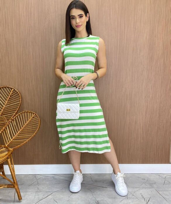 Vestido Midi sem Bojo de Malha Listrado Verde com Fenda Lateral - Fernanda Ramos Store