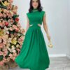 Vestido Midi Verde Ayla sem Bojo Gola Alta com Abertura - Fernanda Ramos Store