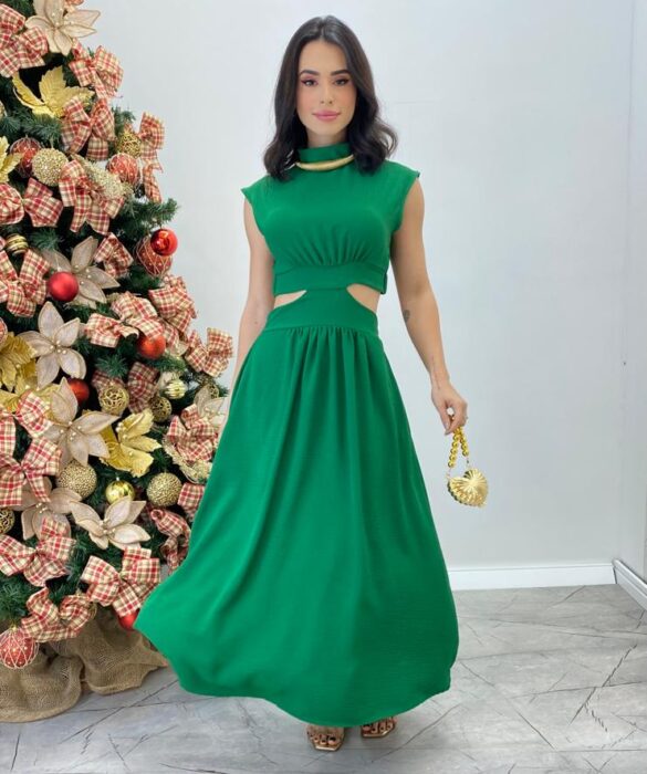 Vestido Midi Verde Ayla sem Bojo Gola Alta com Abertura - Fernanda Ramos Store