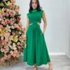 Vestido Midi Verde Ayla sem Bojo Gola Alta com Abertura - Fernanda Ramos Store