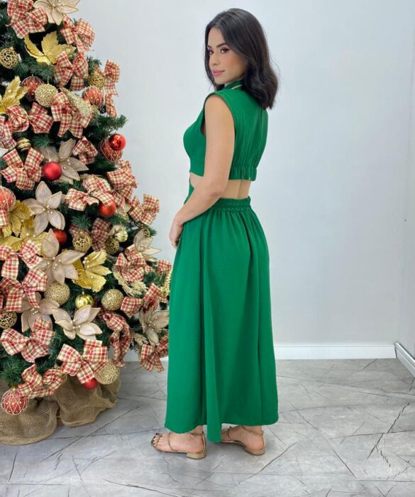 Vestido Midi Verde Ayla sem Bojo Gola Alta com Abertura - Fernanda Ramos Store