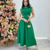 Vestido Midi Verde Ayla sem Bojo Gola Alta com Abertura - Fernanda Ramos Store