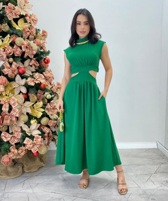 Vestido Midi Verde Ayla sem Bojo Gola Alta com Abertura - Fernanda Ramos Store