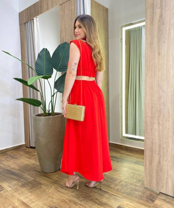 Vestido Midi Vermelho Ayla sem Bojo Gola Alta com Abertura - Fernanda Ramos Store