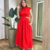 Vestido Midi Vermelho Ayla sem Bojo Gola Alta com Abertura - Fernanda Ramos Store