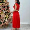 Vestido Midi Vermelho Ayla sem Bojo Gola Alta com Abertura - Fernanda Ramos Store