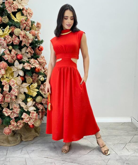 Vestido Midi Vermelho Ayla sem Bojo Gola Alta com Abertura - Fernanda Ramos Store