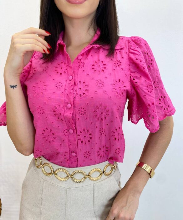 Blusa Feminina Manga Curta Lara de Laise com Botões Pink - Fernanda Ramos Store