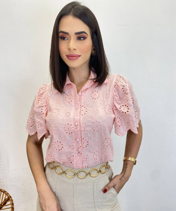 Blusa Feminina Manga Curta Lara de Laise com Botões Rosa - Fernanda Ramos Store