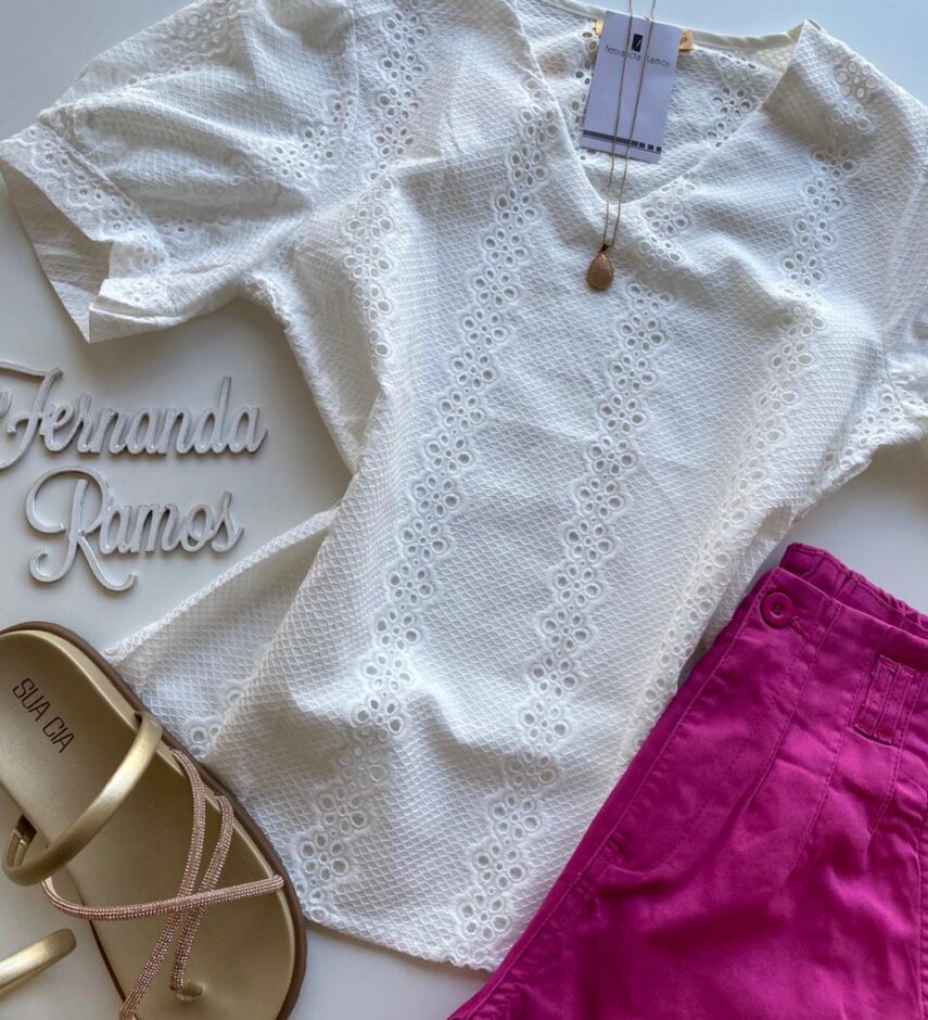 Blusa Feminina Manga Curta Valentina de Laise Branca - Fernanda Ramos Store