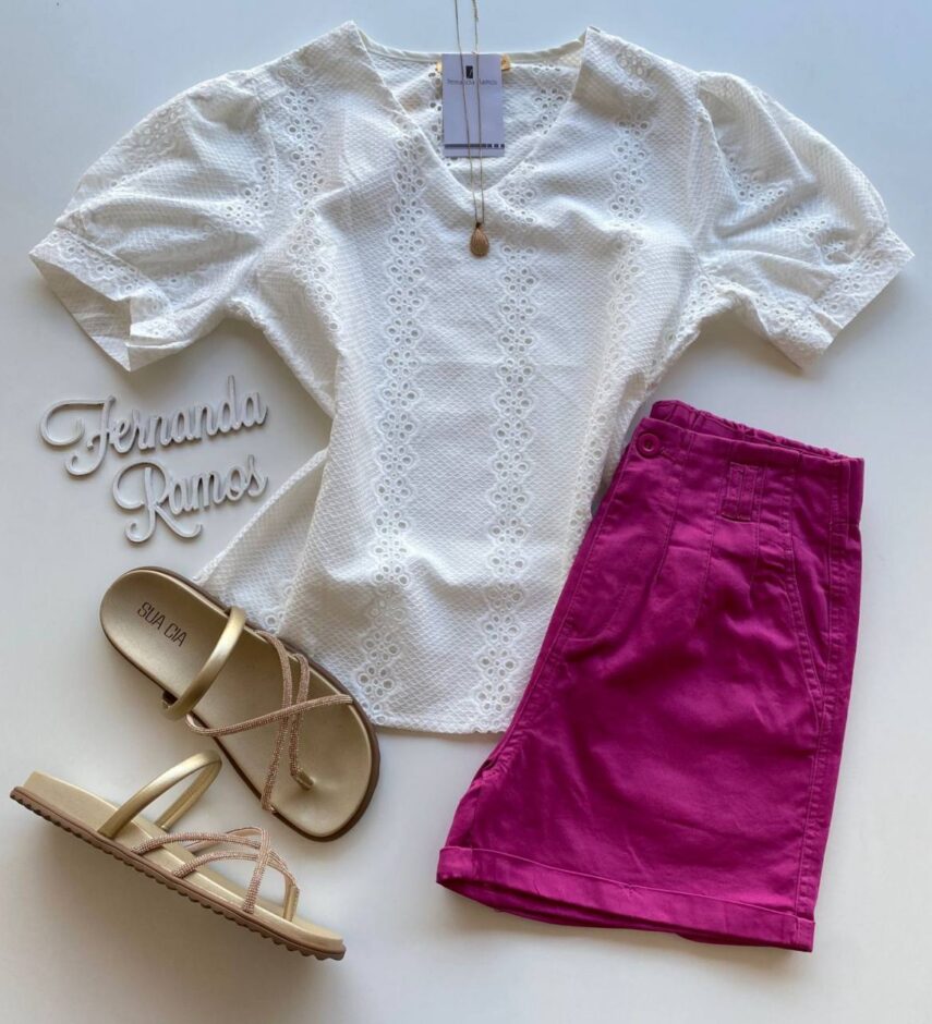 Blusa Feminina Manga Curta Valentina de Laise Branca - Fernanda Ramos Store